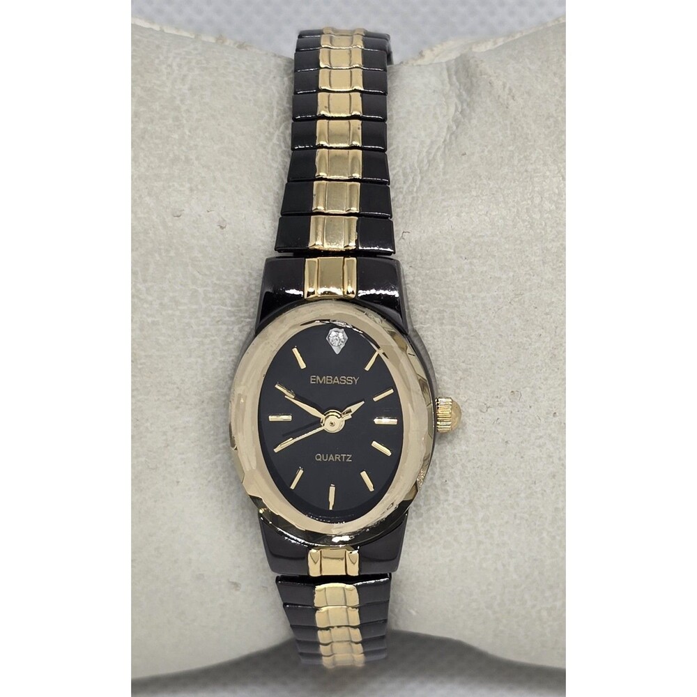 Woman's Embassy Elegant Petite Oval Black Gold Two Tone Expansion Watch 10 - Picture 5 of 8